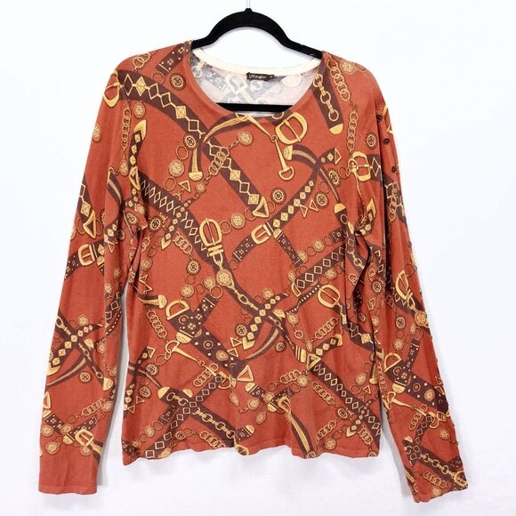 J. McLaughlin Long Sleeve Shirt Medium Ribbed Stretch Orange Gold Print - Picture 1 of 12